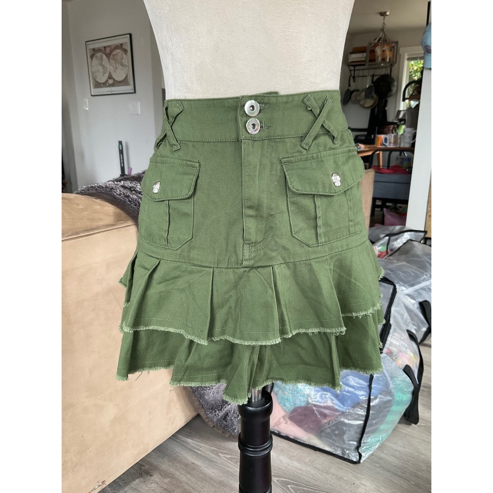 Social Collision Olive Green Tiered Ruffle Cargo Mini Skirt Skull Hardware MD